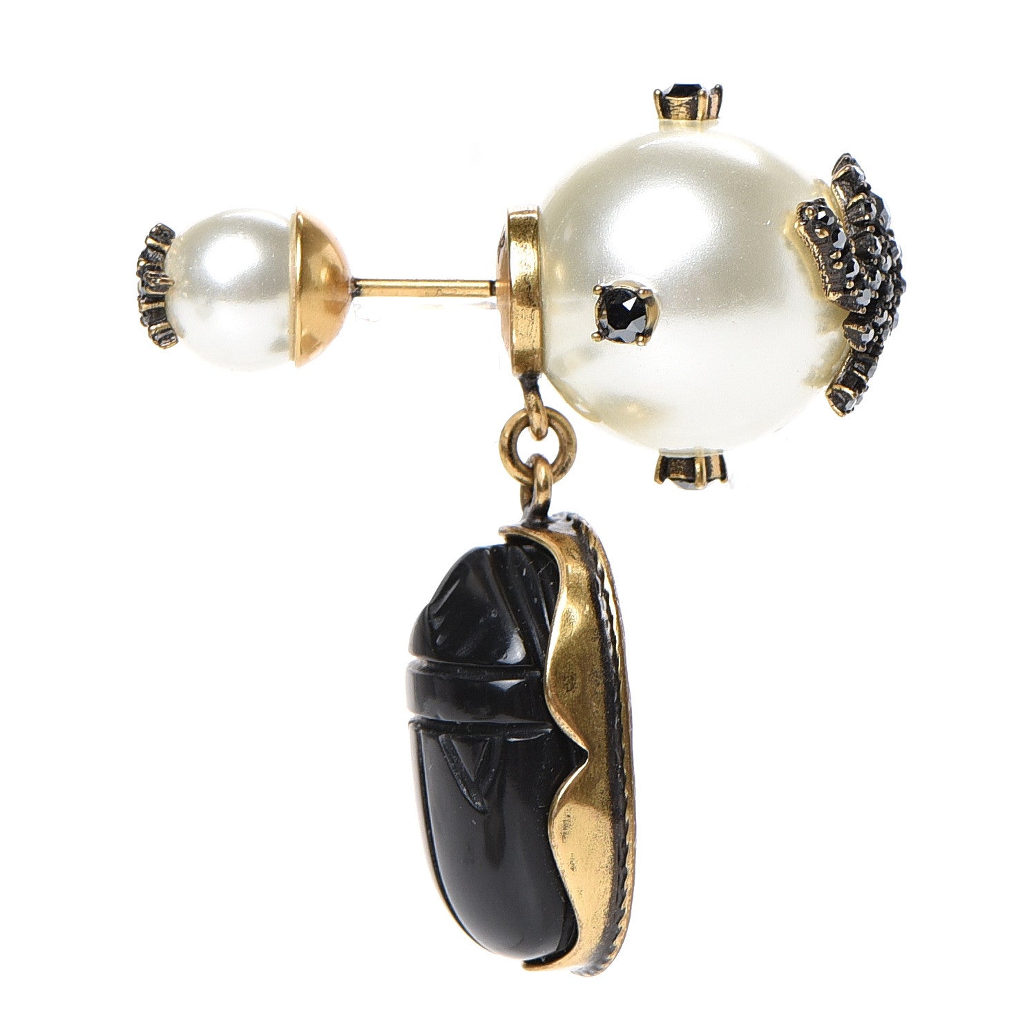 Christian Dior Crystal Pearl Tribales Beetle Charm Earring Aged Gold Black 1 of 6