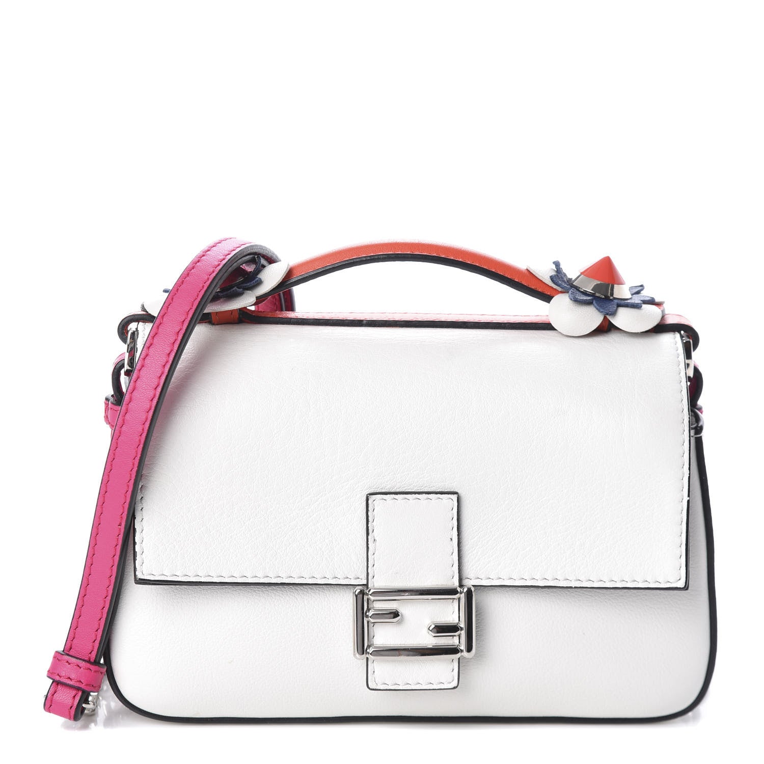 Fendi Vitello Dolce Nappa Flowerland Tri-Color Micro Double Baguette Fuxia White Ice Papavero 1 of 9