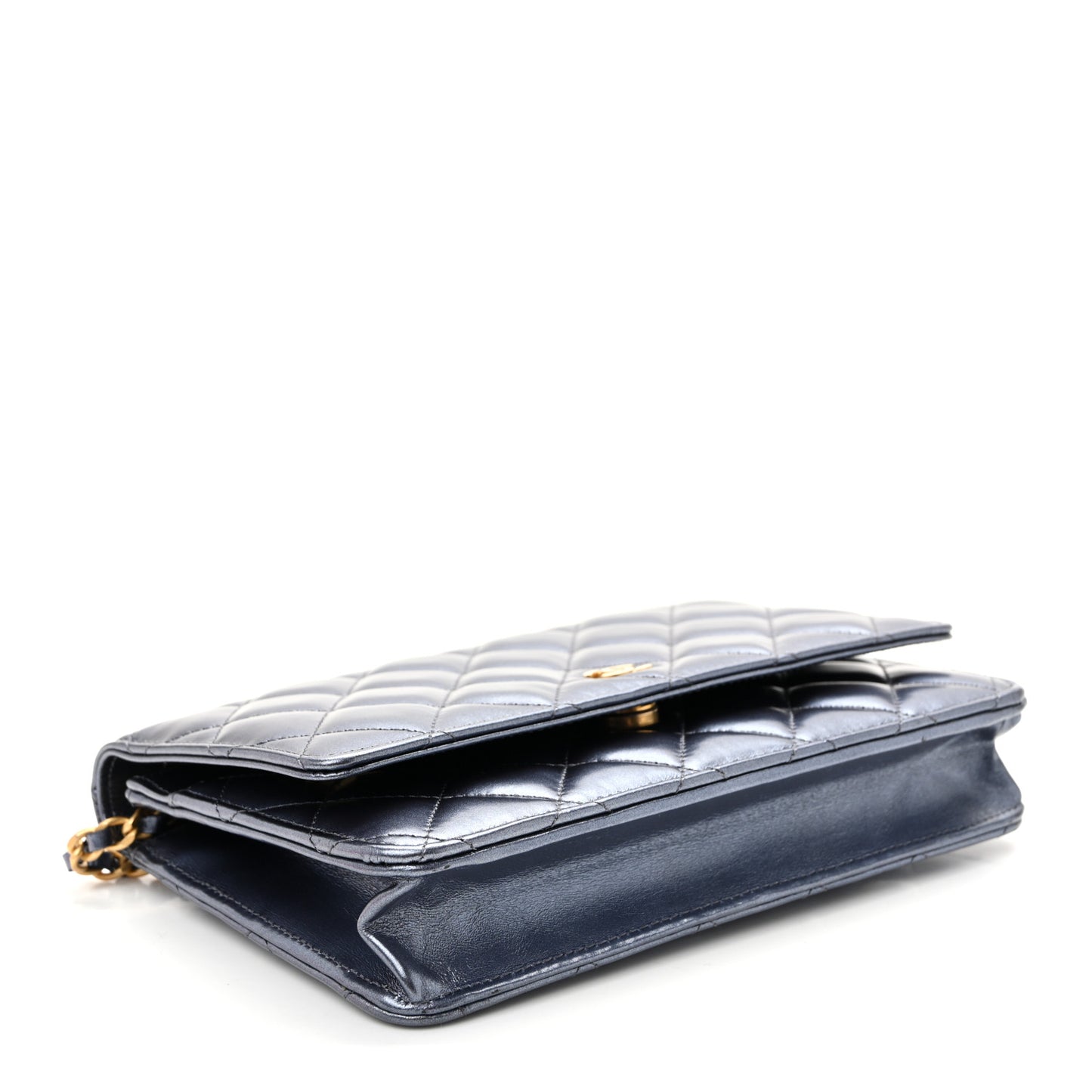 Metallic Calfskin Quilted Wallet On Chain WOC Navy Blue