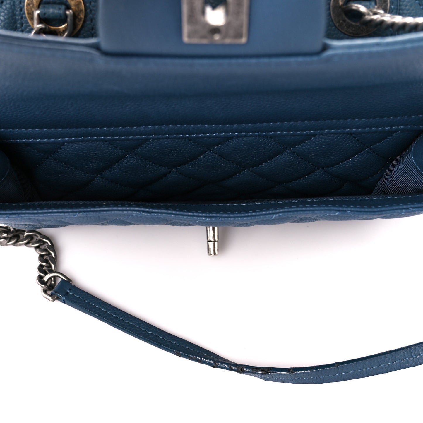 Grained Calfskin Quilted Large Casual Pocket Bowling Bag Blue