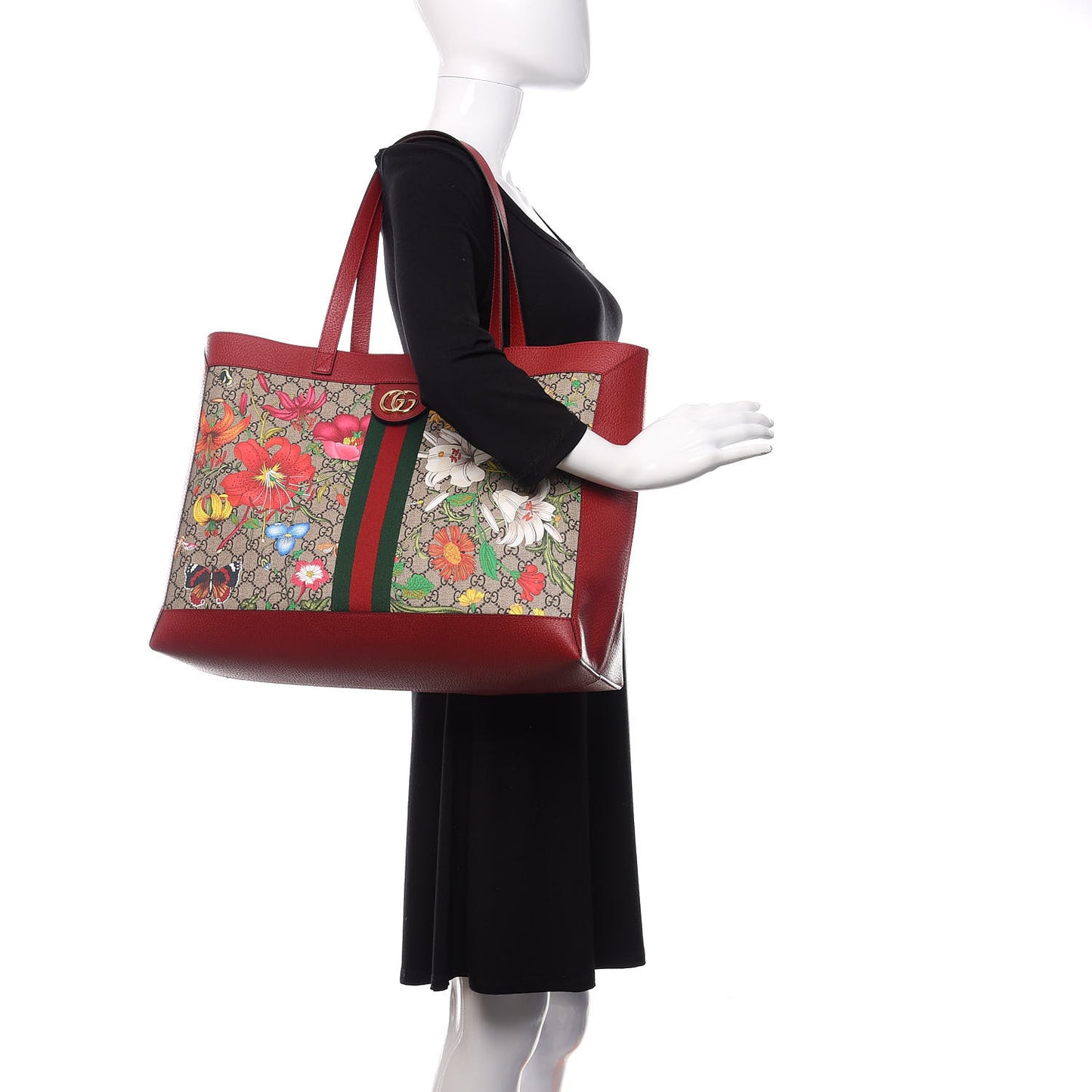 GG Supreme Monogram Flora Web Large Ophidia Tote Red