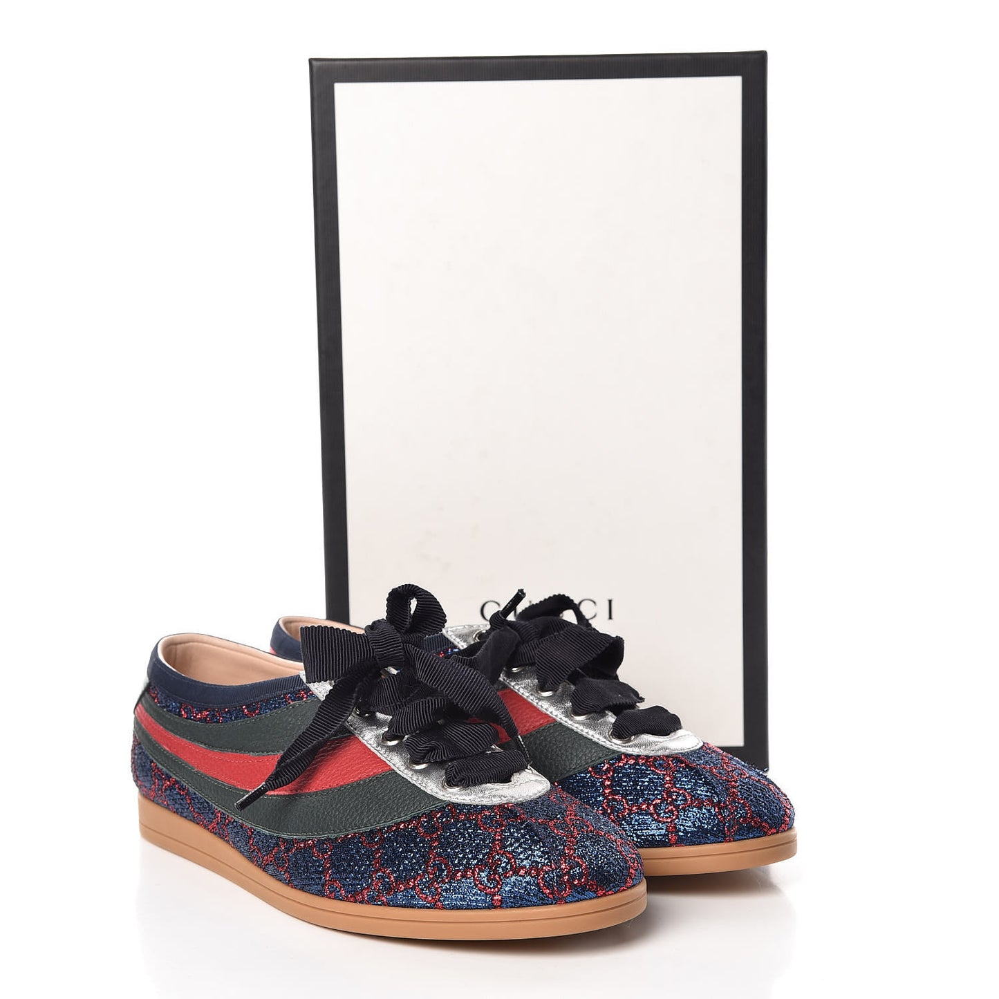 Lurex Calfskin Web GG Monogram Womens Falacer Sneakers 38 Iridescent Blue Iridescent Red Silver