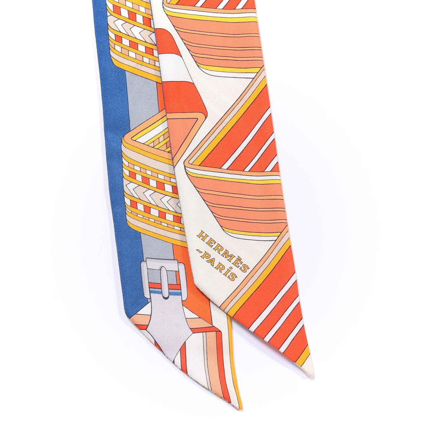 Hermes Silk Sangles En Zigzag Twilly Ivory Orange Bleu 4 of 4