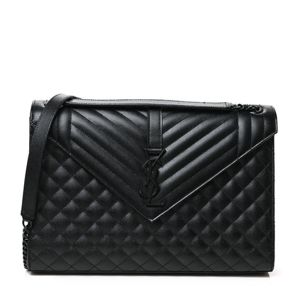 Saint Laurent Grain De Poudre Textured Mixed Matelasse Large Triquilt Monogram Monochrome Satchel Black 1 of 8