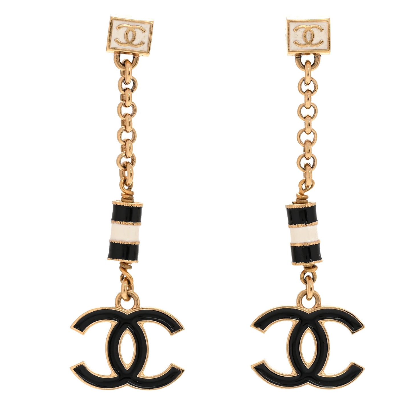 Metal Enamel CC Square Drop Earrings Black Gold White