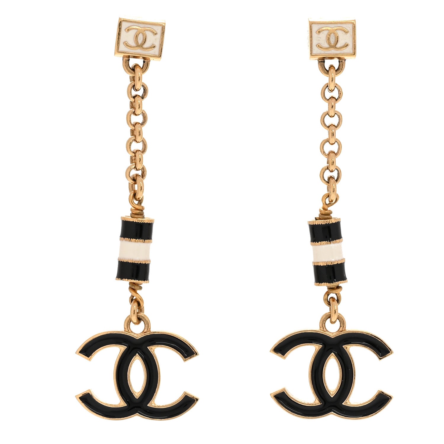 Chanel Metal Enamel CC Square Drop Earrings Black Gold White 1 of 5
