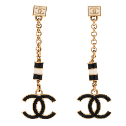 Chanel Metal Enamel CC Square Drop Earrings Black Gold White 1 of 5