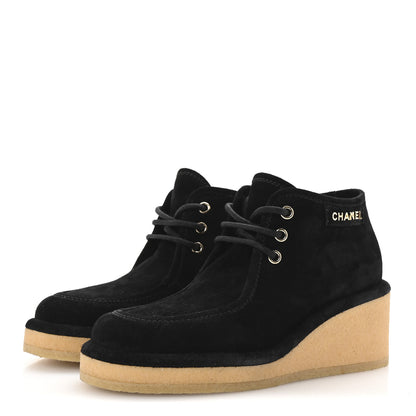 Chanel Suede Calfskin Lace Up Wedge Booties 36.5 Black 4 of 10