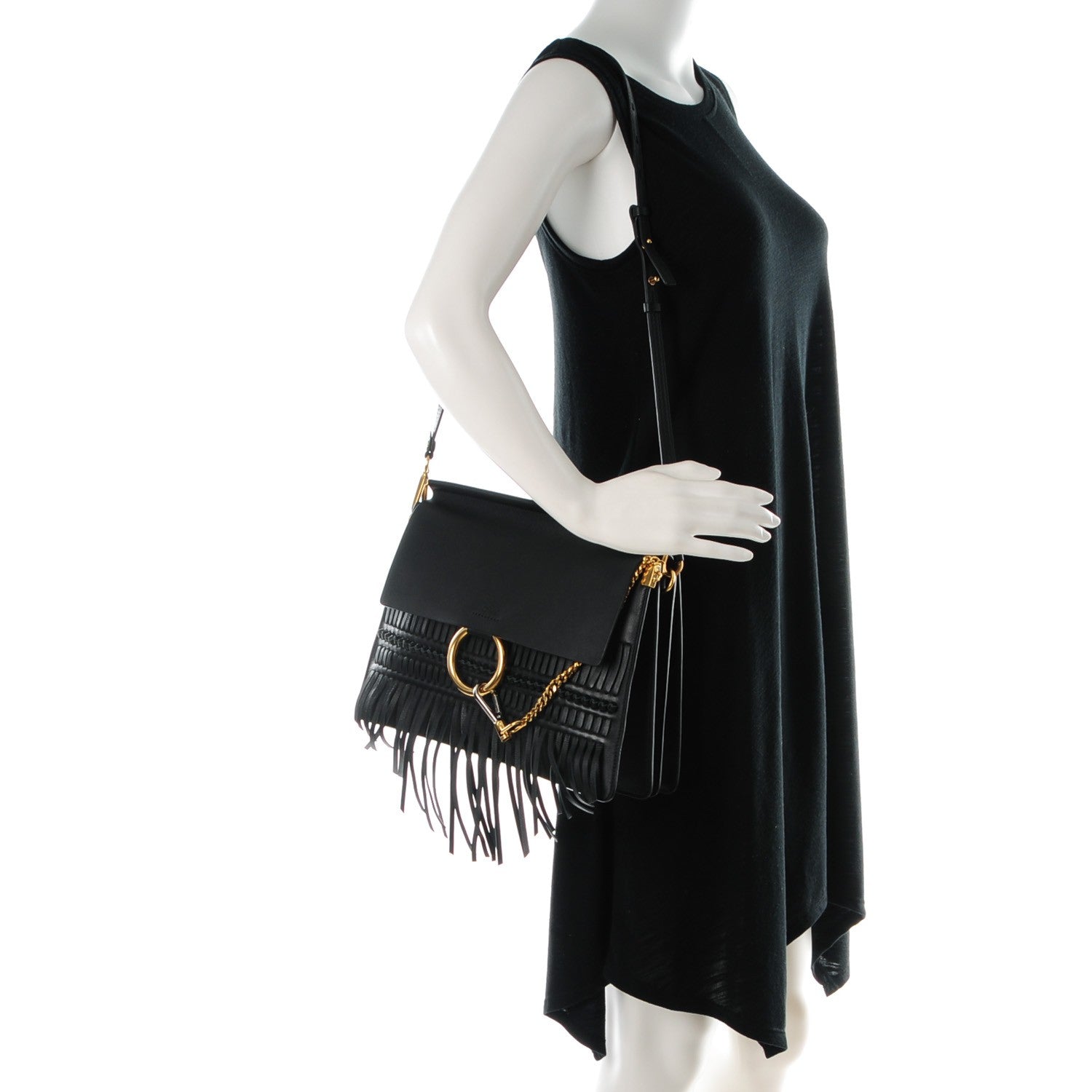 Chloe Calfskin Medium Faye Fringe Shoulder Bag Black 2 of 8
