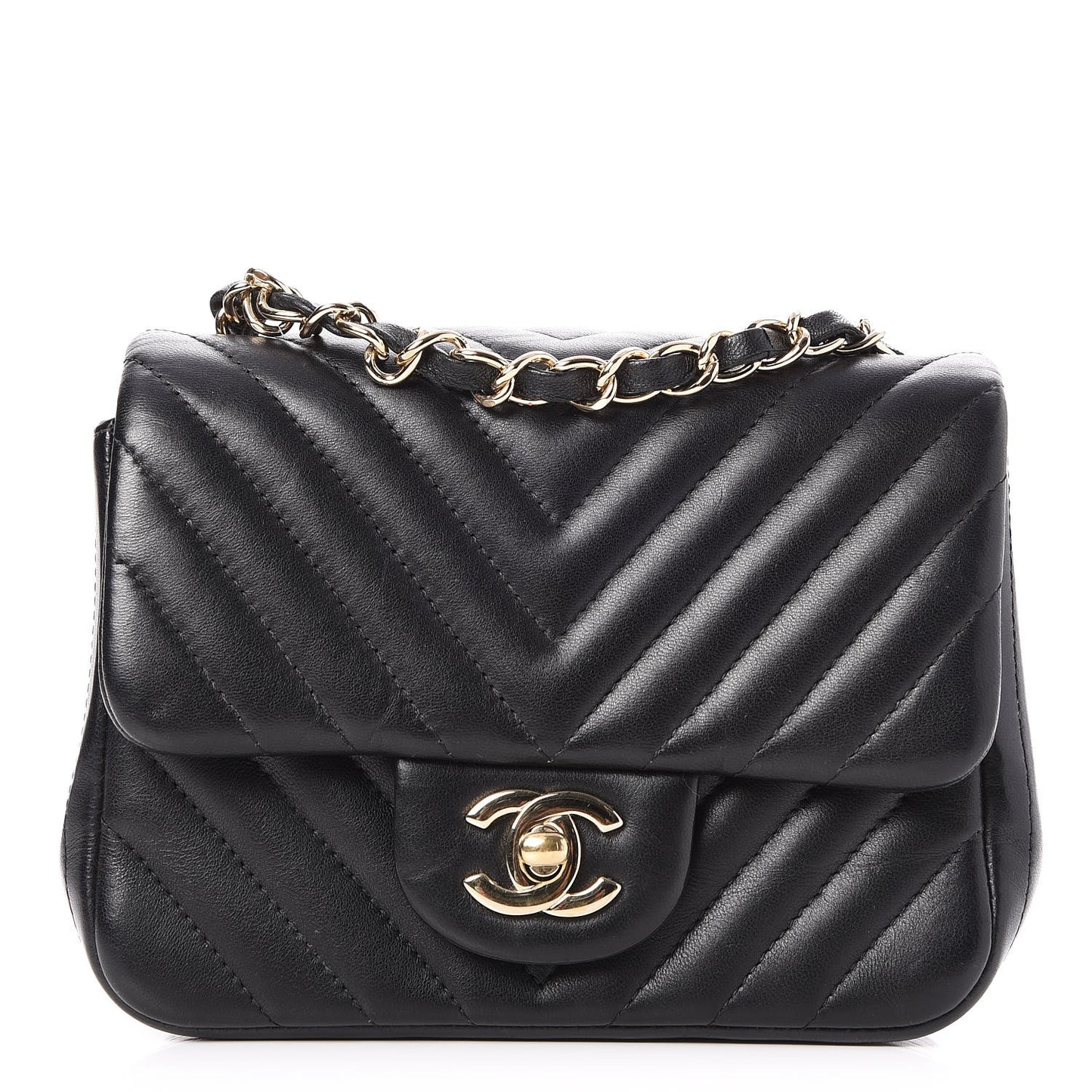 Lambskin Chevron Quilted Mini Square Flap Black