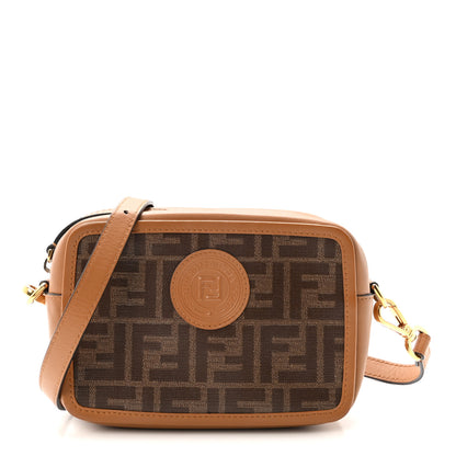Fendi Glazed Fabric Vitello Century FF 1974 Stamp Patch Mini Camera Case Mogano Panna Caramello 1 of 10