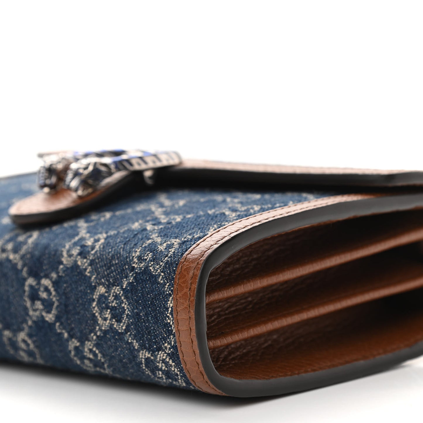 New Denim GG Monogram Dollar Calfskin Enamel Mini Dionysus Chain Wallet Blue Tea Cuir Epilog Electric Blue