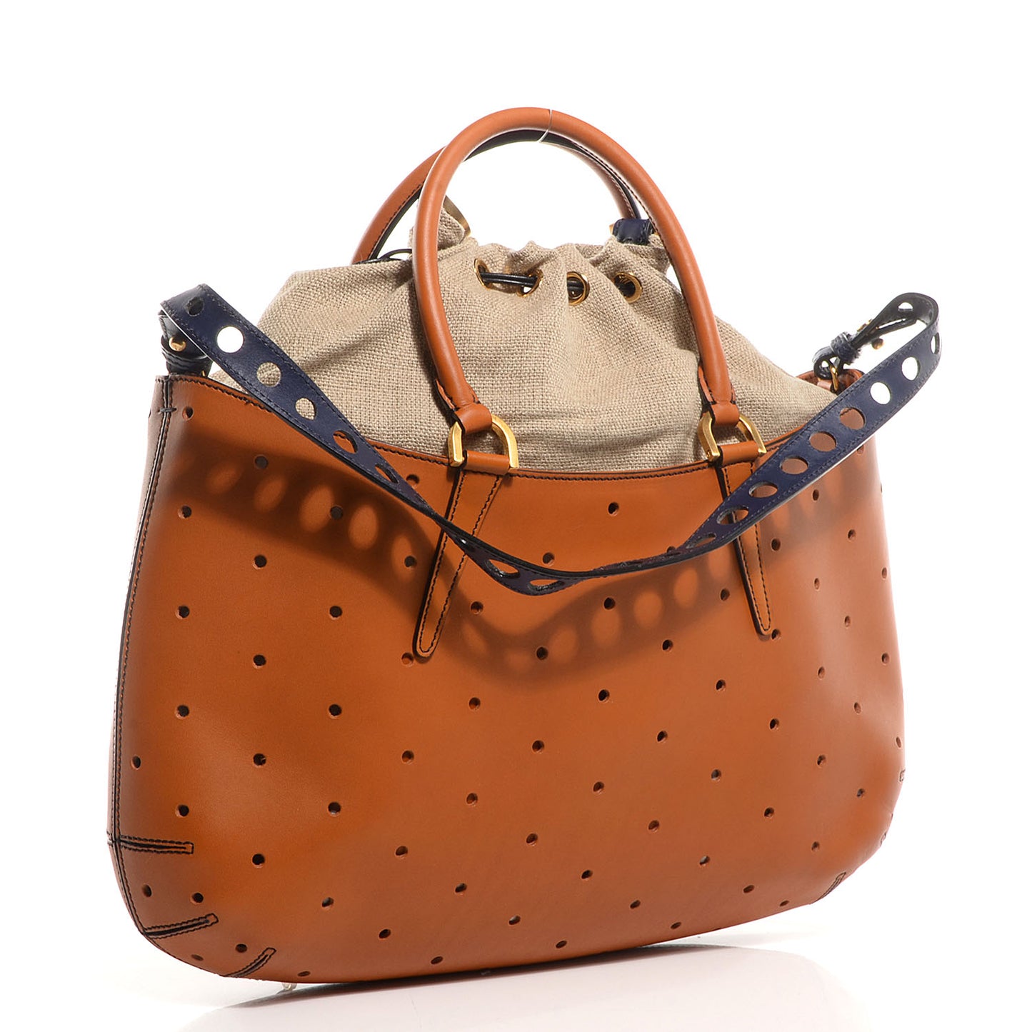 Calfskin Linen Perforated Medium B Fab Tote Miel Grezzo