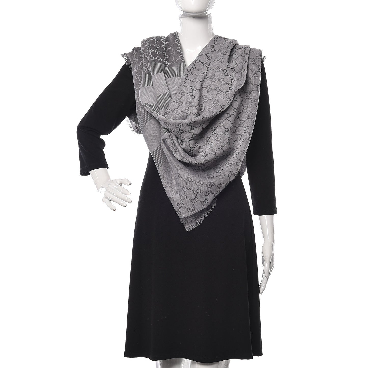 Wool Silk Monogram GGWeb Fringe Shawl Pearl Medium Grey