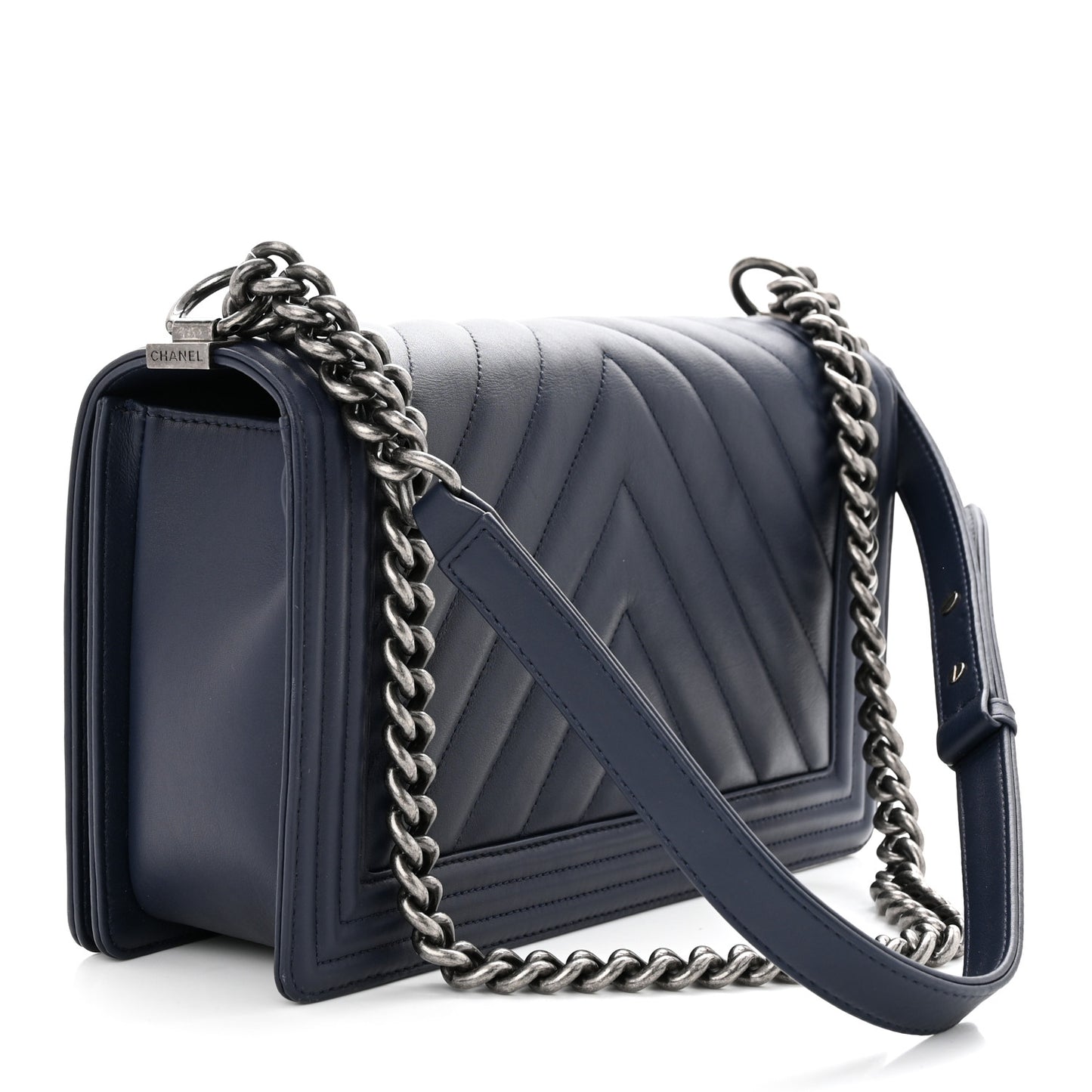 Calfskin Chevron Quilted New Medium Boy Flap Dark Navy Blue