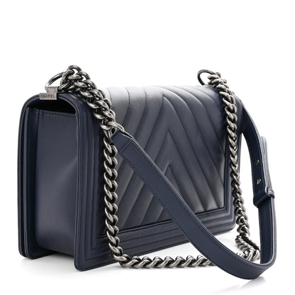 Chanel Calfskin Chevron Quilted New Medium Boy Flap Dark Navy Blue 3 of 11