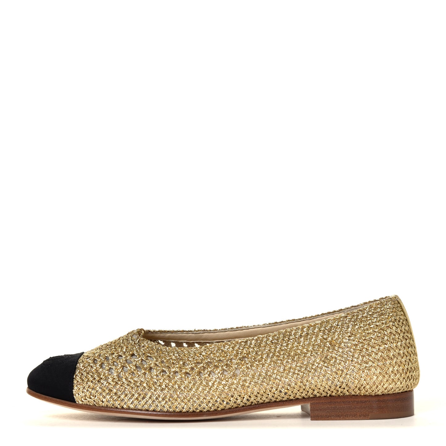 Fabric Grosgrain Cap CC Ballerina Flats 35.5 Black Gold