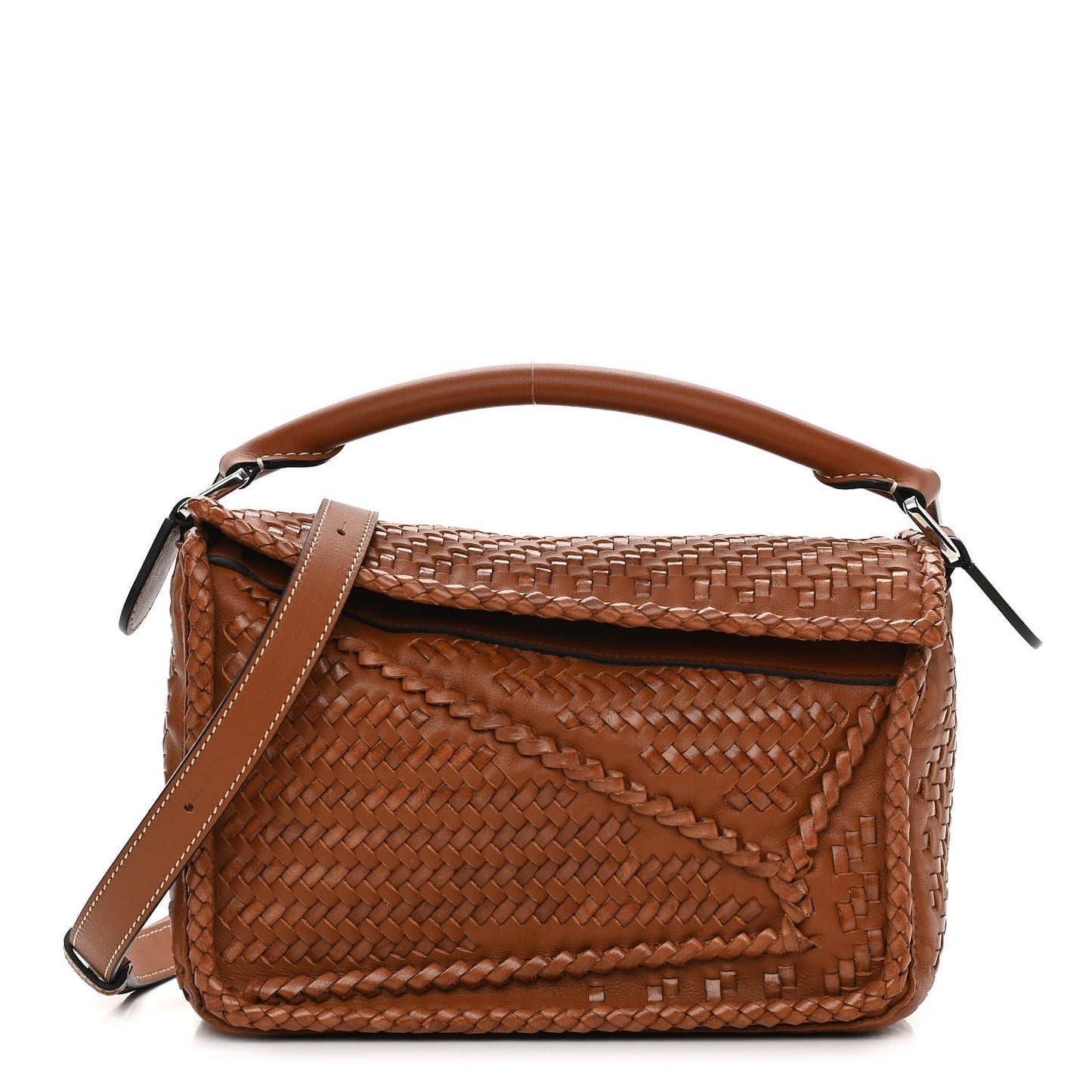 Calfskin Woven Small Puzzle Bag Tan