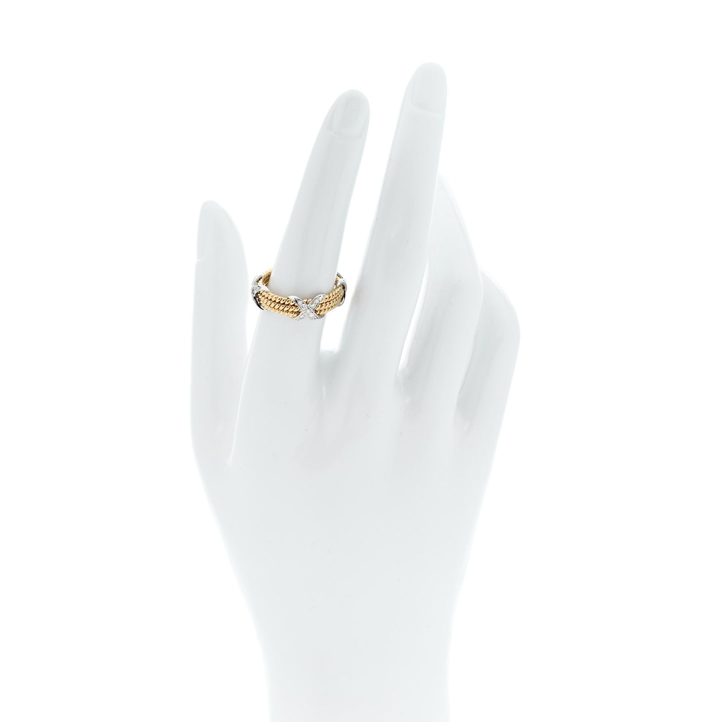 18K Yellow Gold Platinum Diamond Schlumberger Rope Three Row X Ring 54 7