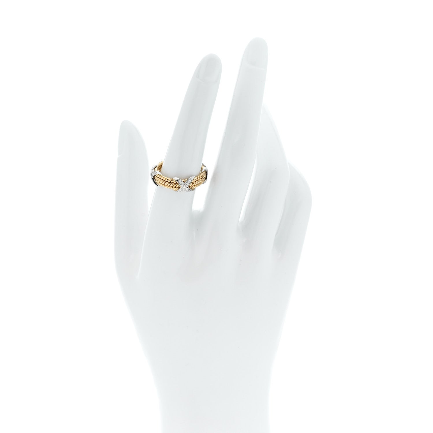 Tiffany 18K Yellow Gold Platinum Diamond Schlumberger Rope Three Row X Ring 54 7 2 of 5