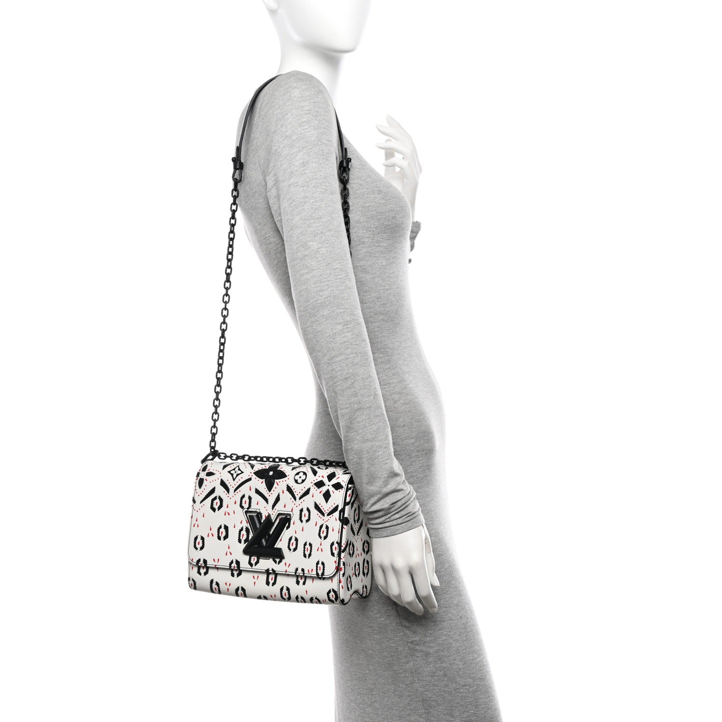 Calfskin Graphic Print Twist Shoulder Bag MM White Black