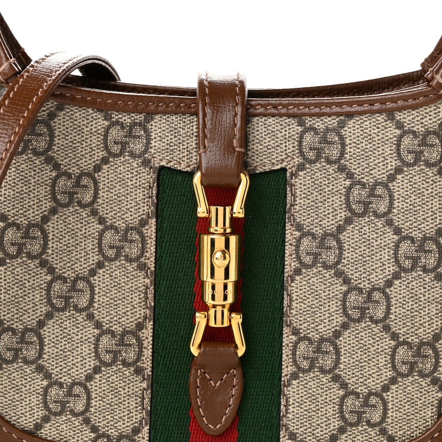 GG Supreme Monogram Azalea Calfskin Web Mini Jackie 1961 Hobo Beige Ebony Brown Sugar