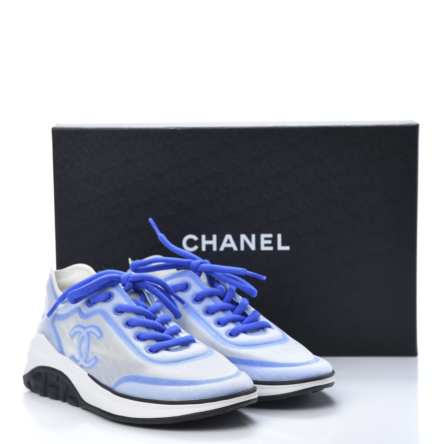 Chanel Calfskin Mesh Lyrca Womens Logo Sneakers 36.5 White Blue 7 of 7