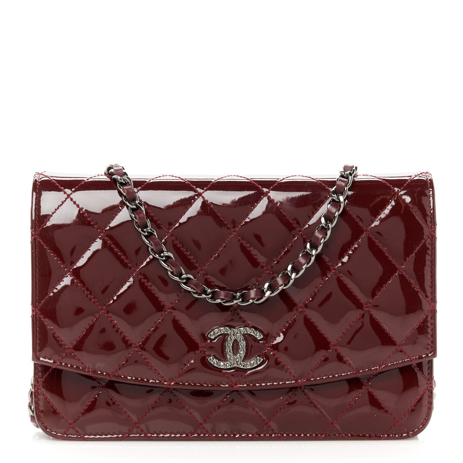 Chanel Patent Quilted Brilliant Wallet On Chain WOC Dark Burgundy 1 of 11