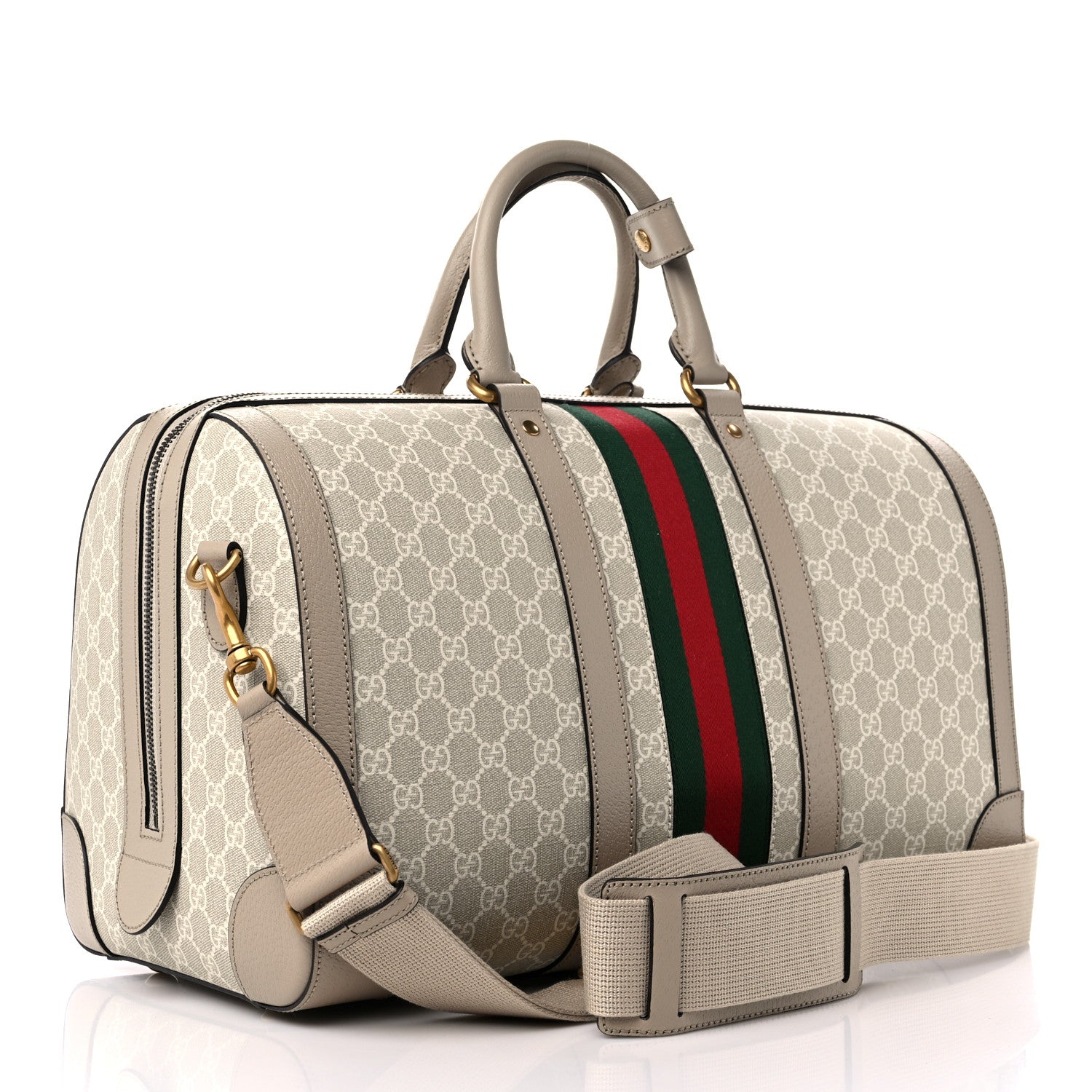 Gucci GG Supreme Monogram Textured Dollar Calfskin Web Medium Savoy Duffle Bag Beige Mystic White Oatmeal 2 of 8