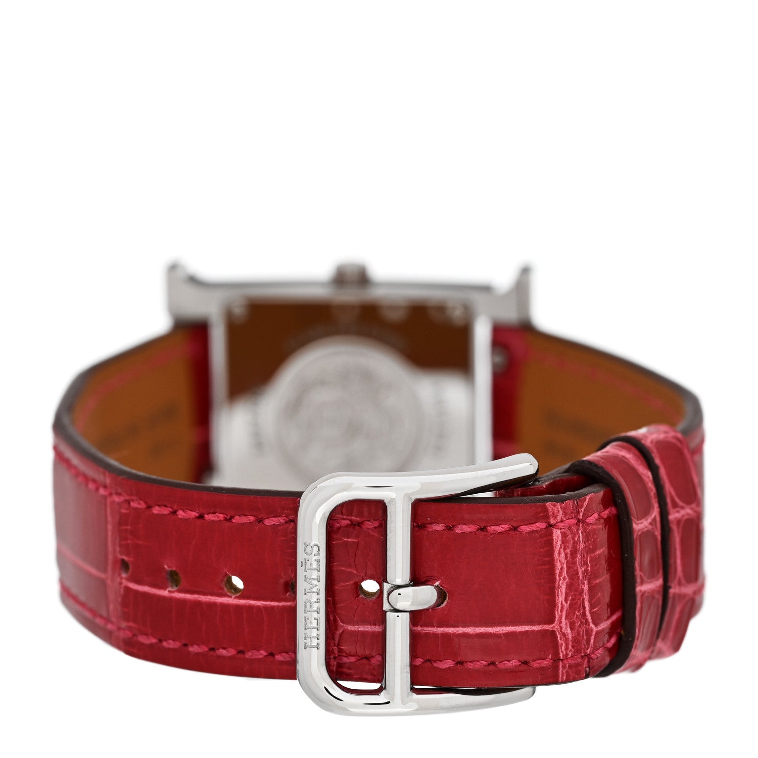 Hermes Stainless Steel Alligator Diamond Mother of Pearl 21mm Heure H Hour Quartz Watch Framboise 3 of 4