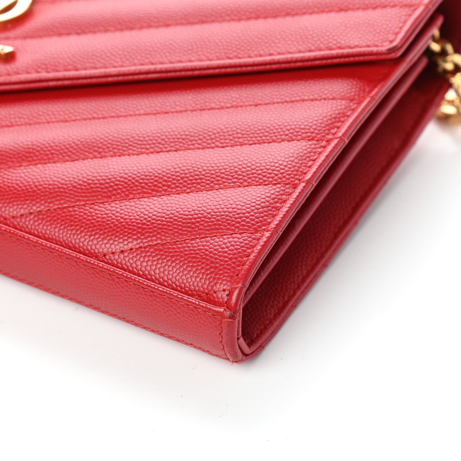 Saint Laurent Grain De Poudre Matelasse Chevron Monogram Chain Wallet Red 9 of 9