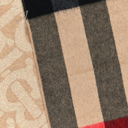 Burberry Cashmere Half Mega Check Monogram TB Reversible Fringe Scarf Archive Beige Gold 3 of 4