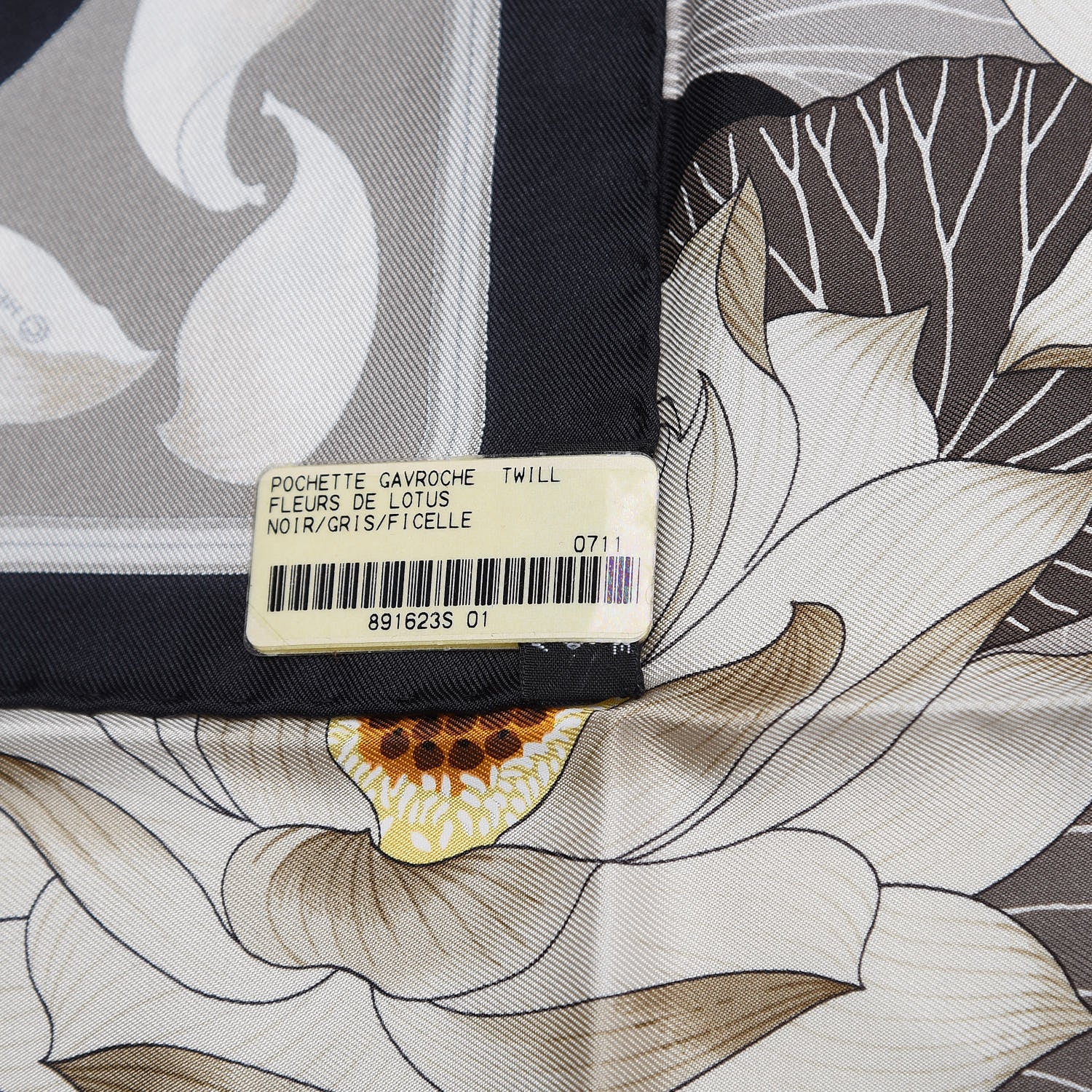 Hermes Silk Fleurs De Lotus Pocket Square Scarf Black Gris Ficelle 5 of 5
