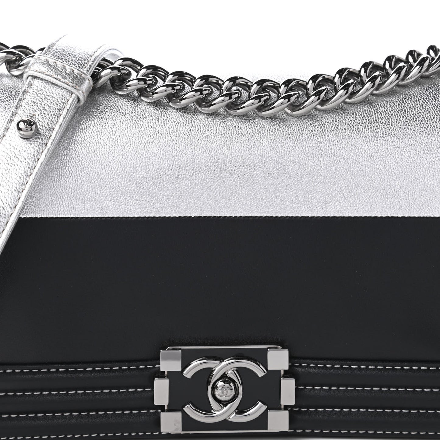 Metallic Goatskin Calfskin Medium Boy Flap Silver Black