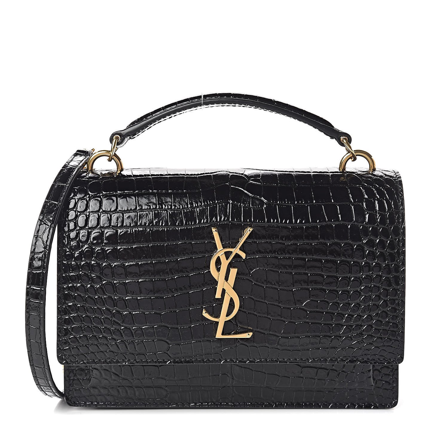 Calfskin Crocodile Embossed Monogram Sunset Chain Wallet Black