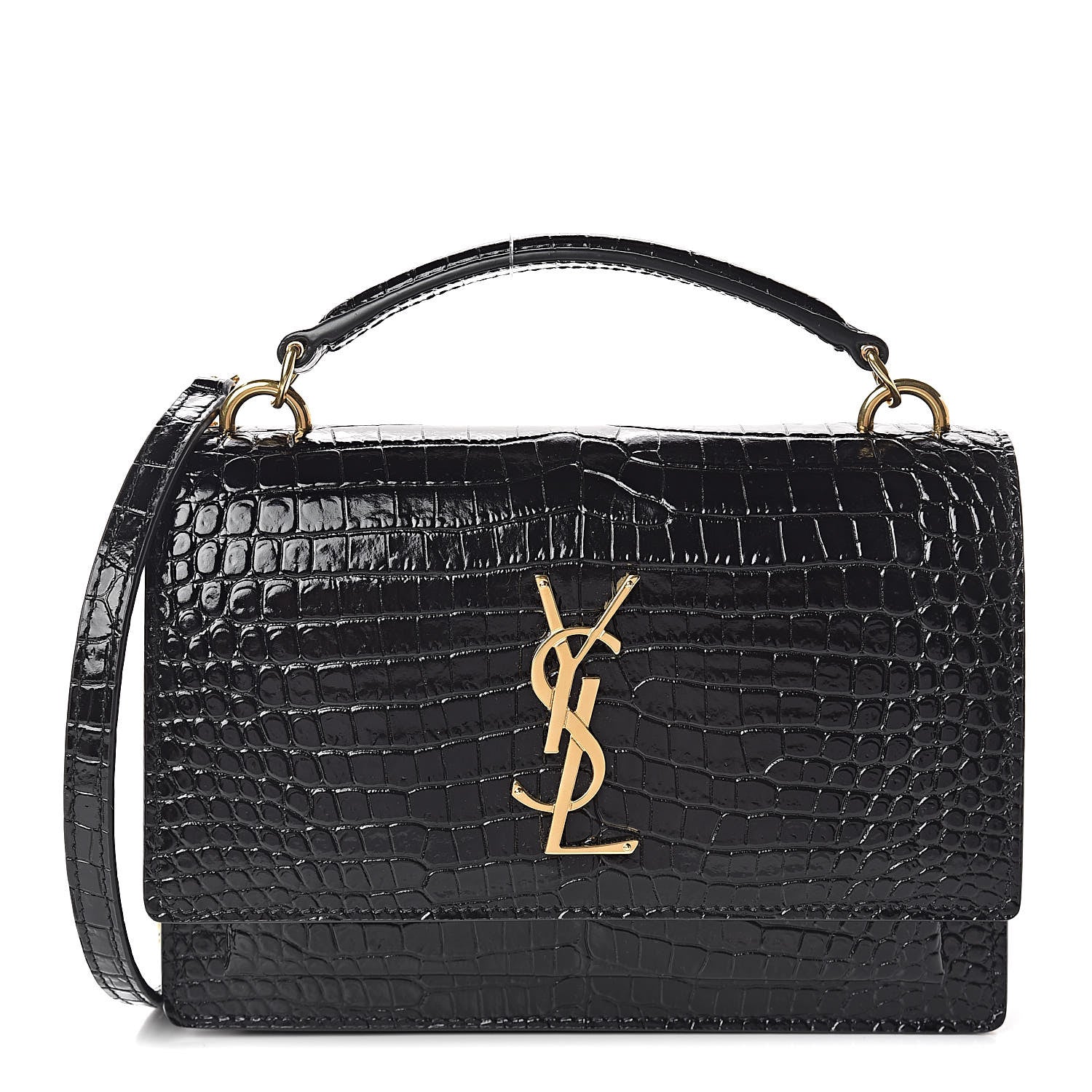 Saint Laurent Calfskin Crocodile Embossed Monogram Sunset Chain Wallet Black 1 of 9