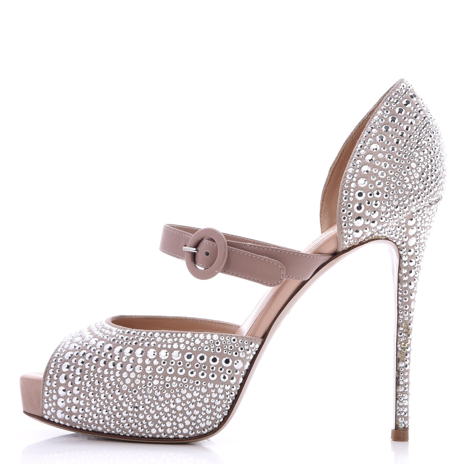 Valentino Garavani Suede Strass Crystal Peep Toe Mary Jane Platform Sandals 37.5 Poudre 1 of 11