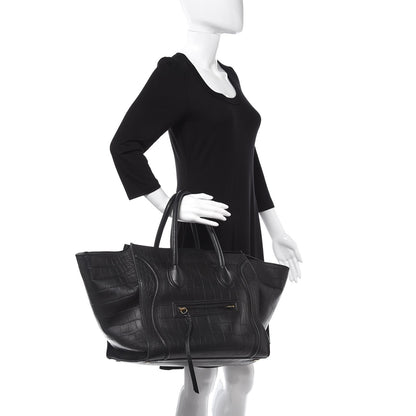 Celine Calfskin Crocodile Embossed Medium Phantom Luggage Black 2 of 12