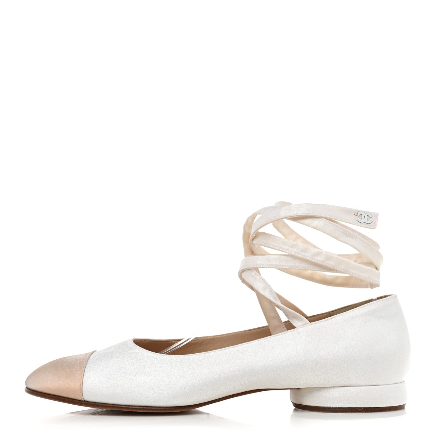 Satin Cap Toe Ballerina Ankle Wrap Flats 40 White Beige