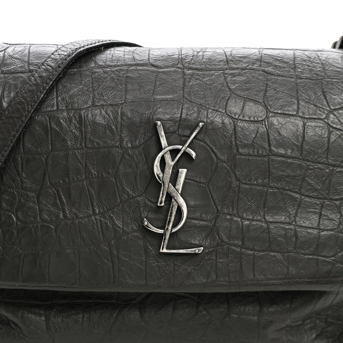 Calfskin Crocodile Embossed Medium West Hollywood Monogram Fold-Over Grey