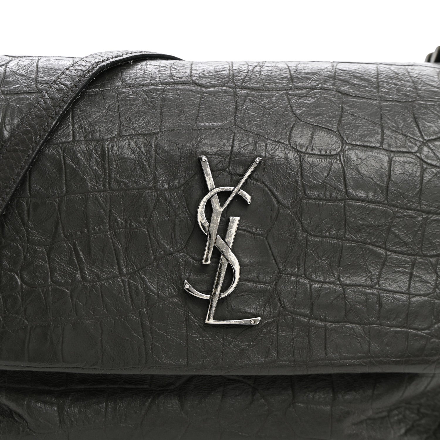 Saint Laurent Calfskin Crocodile Embossed Medium West Hollywood Monogram Fold-Over Grey 8 of 12