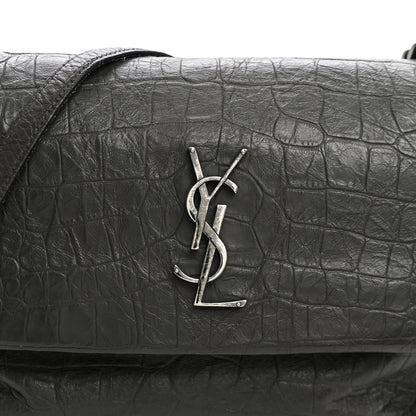 Saint Laurent Calfskin Crocodile Embossed Medium West Hollywood Monogram Fold-Over Grey 8 of 12
