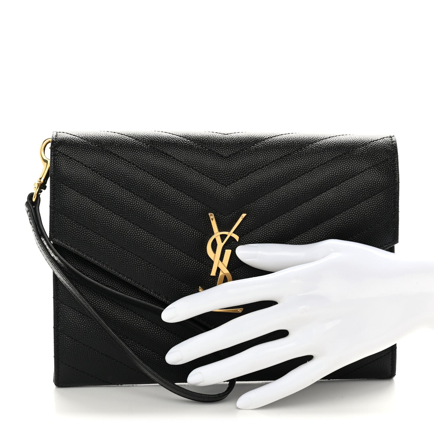 Saint Laurent Grain De Poudre Matelasse Chevron Monogram Envelope Clutch Black 2 of 9