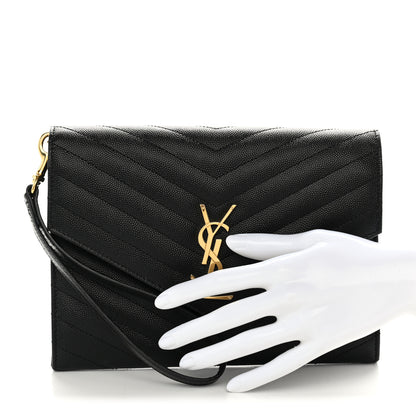 Saint Laurent Grain De Poudre Matelasse Chevron Monogram Envelope Clutch Black 2 of 9
