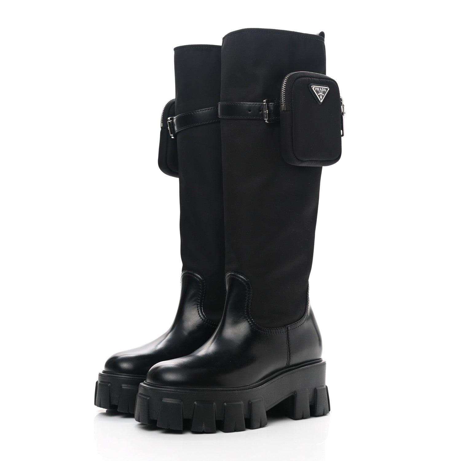 Prada Spazzolato Rois Re-Nylon Metal Triangle Logo Monolith Pouch Pocket 55mm Tall Boots 35 Black 2 of 7