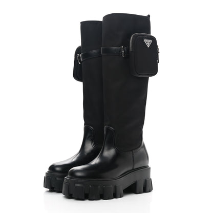 Prada Spazzolato Rois Re-Nylon Metal Triangle Logo Monolith Pouch Pocket 55mm Tall Boots 35 Black 2 of 7