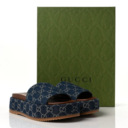 Gucci New Denim GG Monogram Angelina Platform 55mm Slide Sandals 39.5 Blue Tea 9 of 9