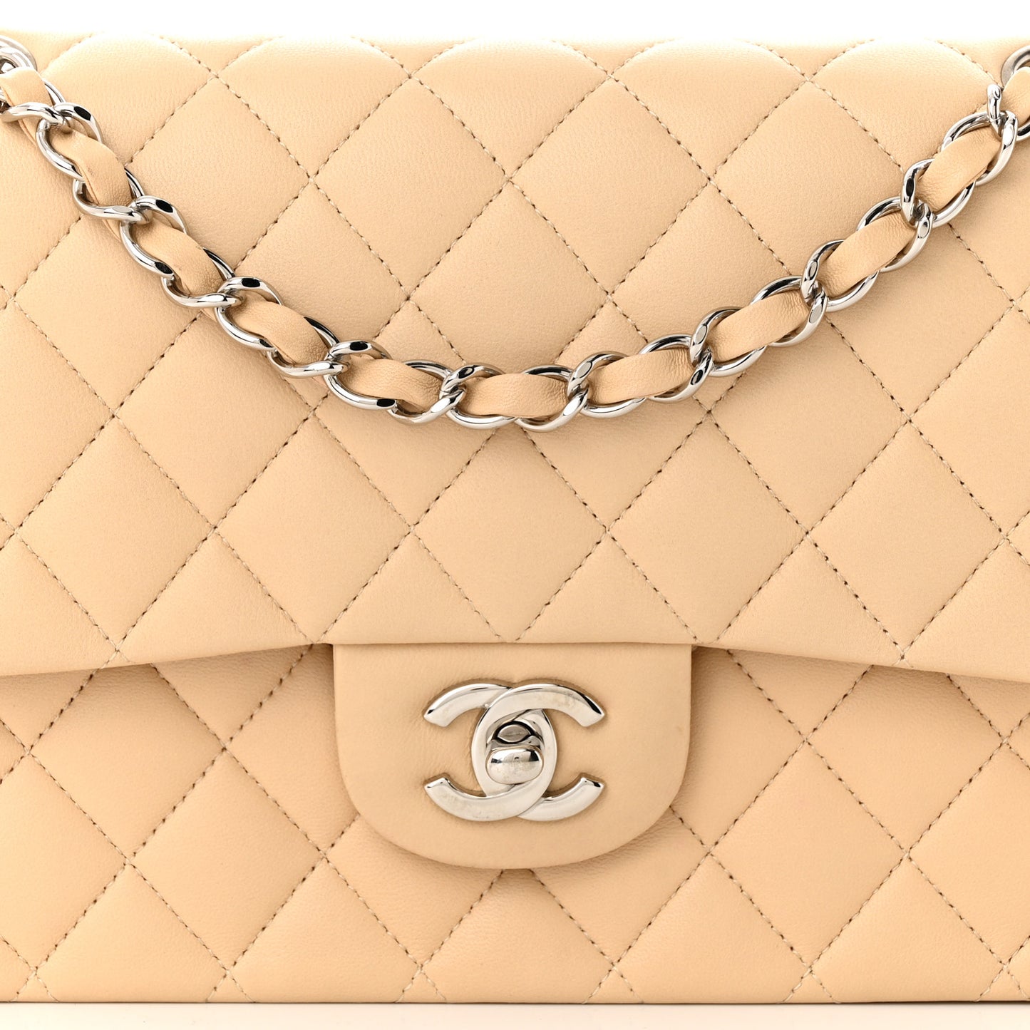 Lambskin Quilted Medium Double Flap Beige