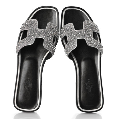 Hermes Velvet Goatskin Crystal Beads Oran Sandals 37 Gris Argente 7 of 13