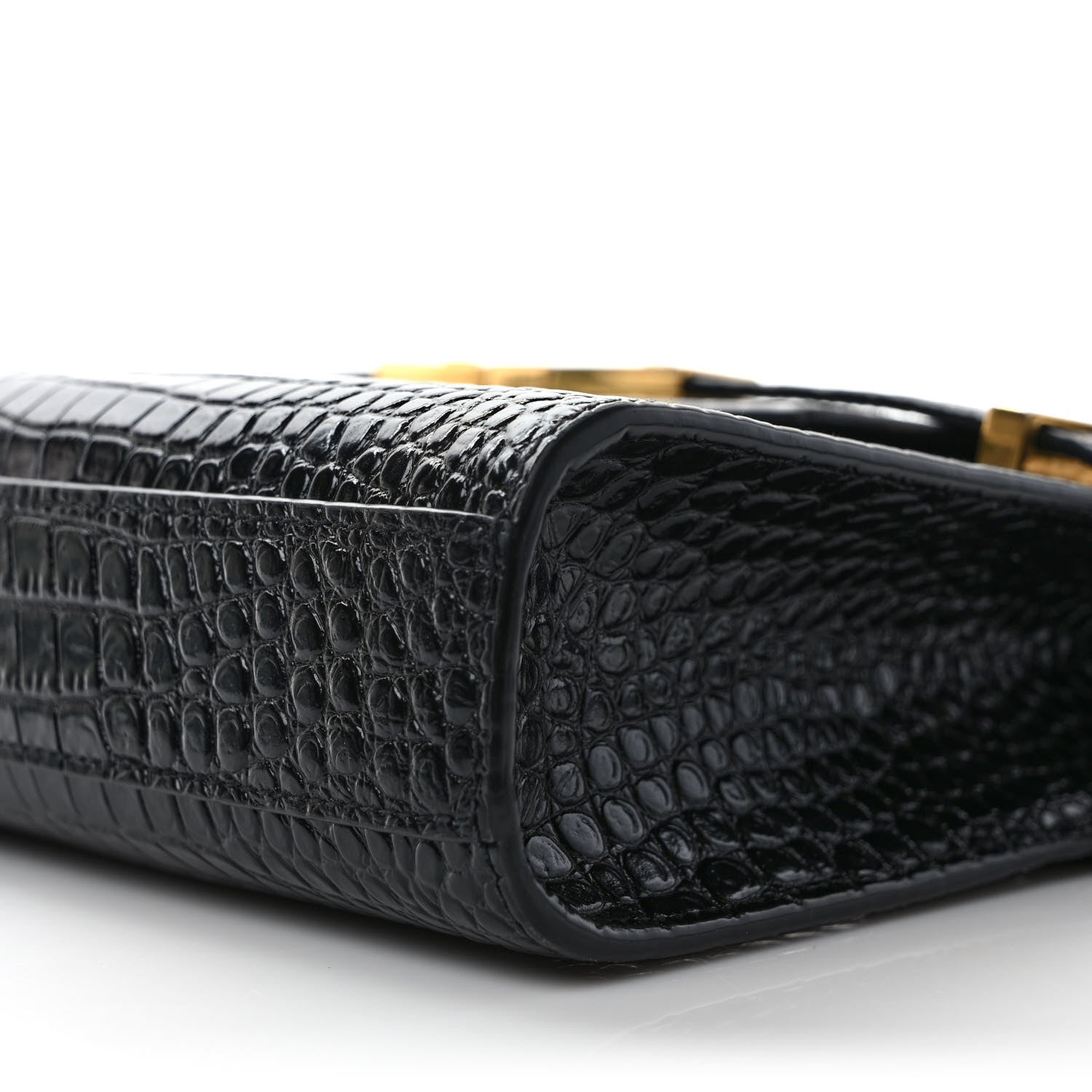 Saint Laurent Shiny Calfskin Crocodile Embossed Manhattan Baguette Black 8 of 8